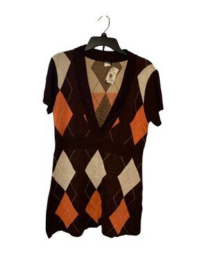 Vintage Y2k Vanity Girls Size XL Sweater Dress Plunging vNeck Coral ArGyle spark